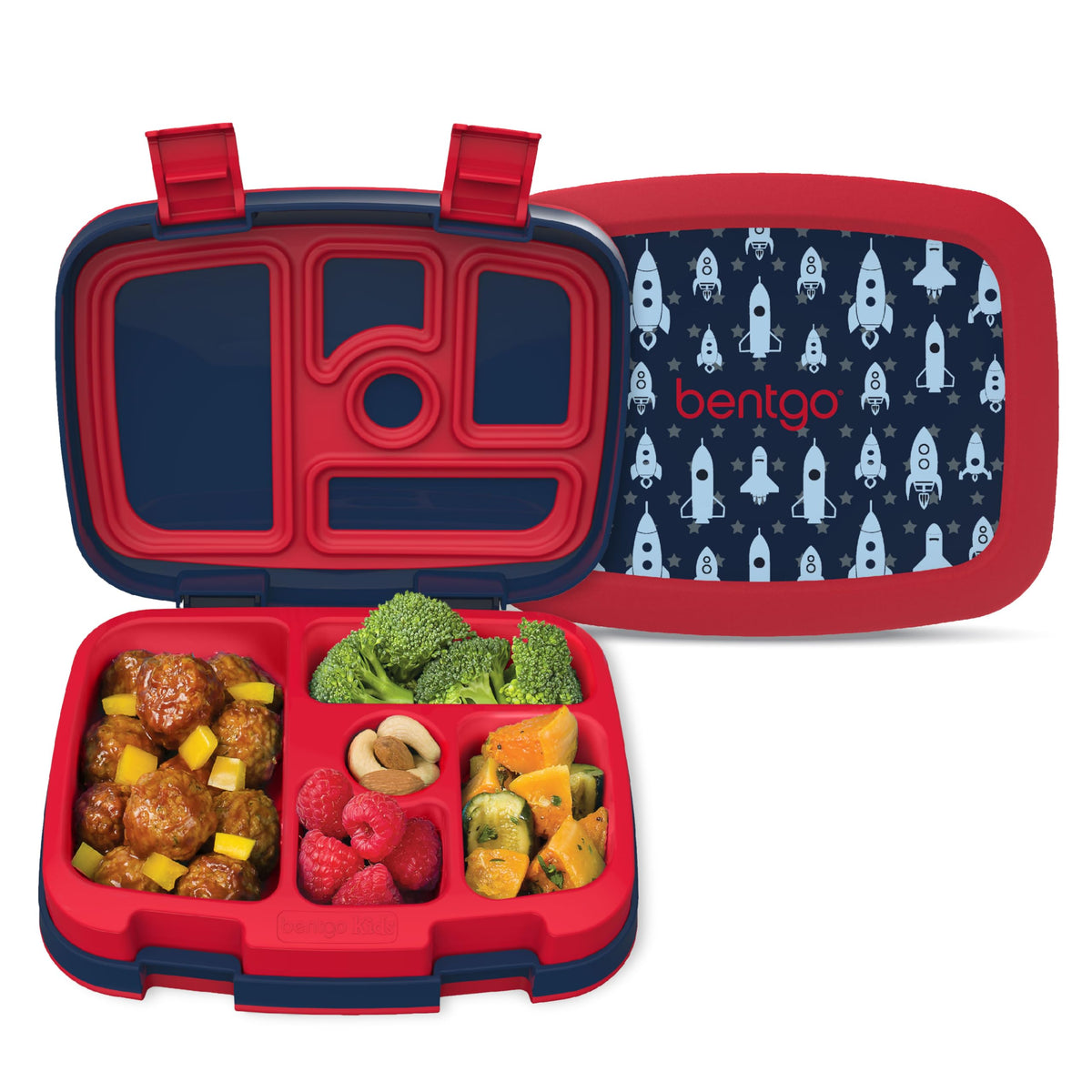 Bentgo Kids Rocket lunchbox front view highlights leak-proof design for mess-free school lunches.