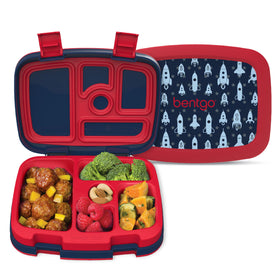 Bentgo Kids Rocket lunchbox front view highlights leak-proof design for mess-free school lunches.