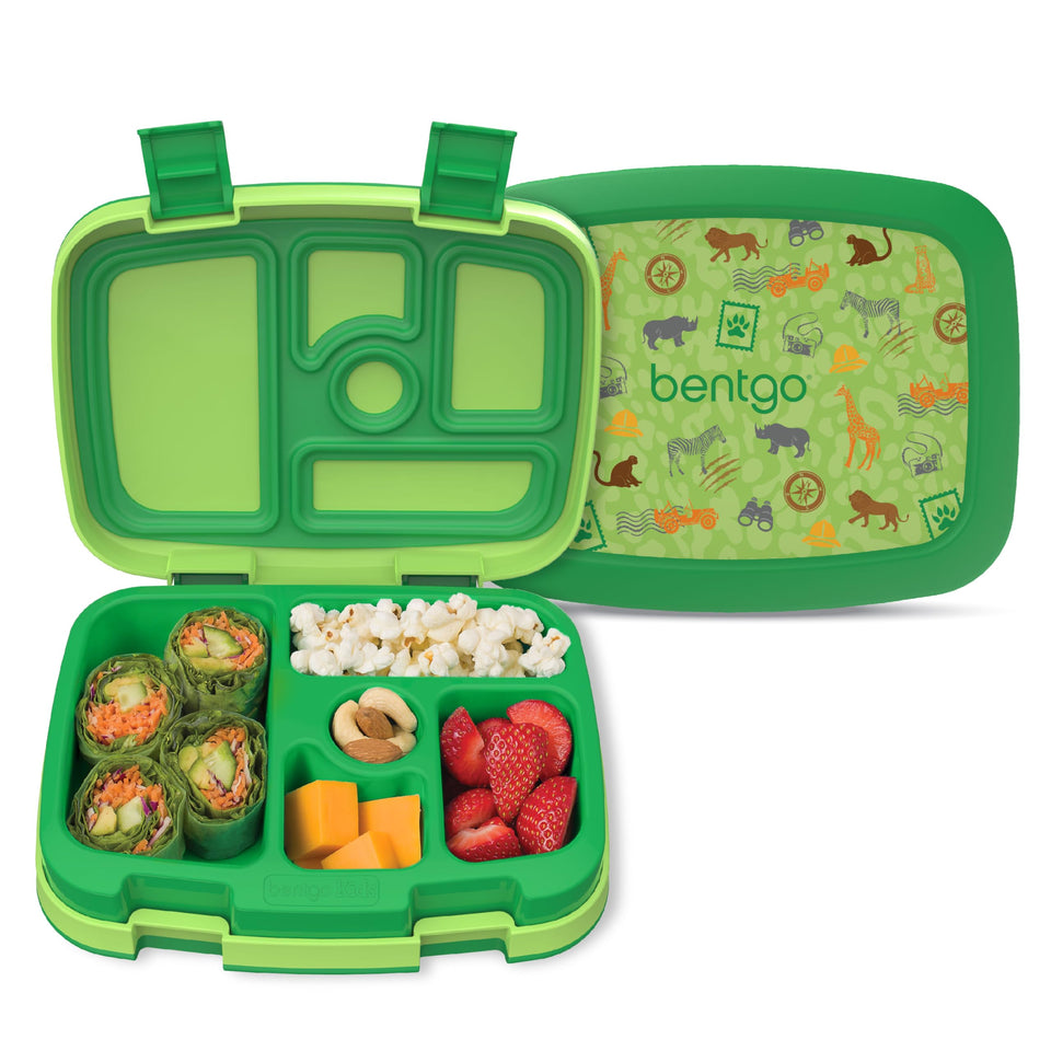 Bentgo Kids Prints safari lunchbox front view with five compartments for balanced meals.
