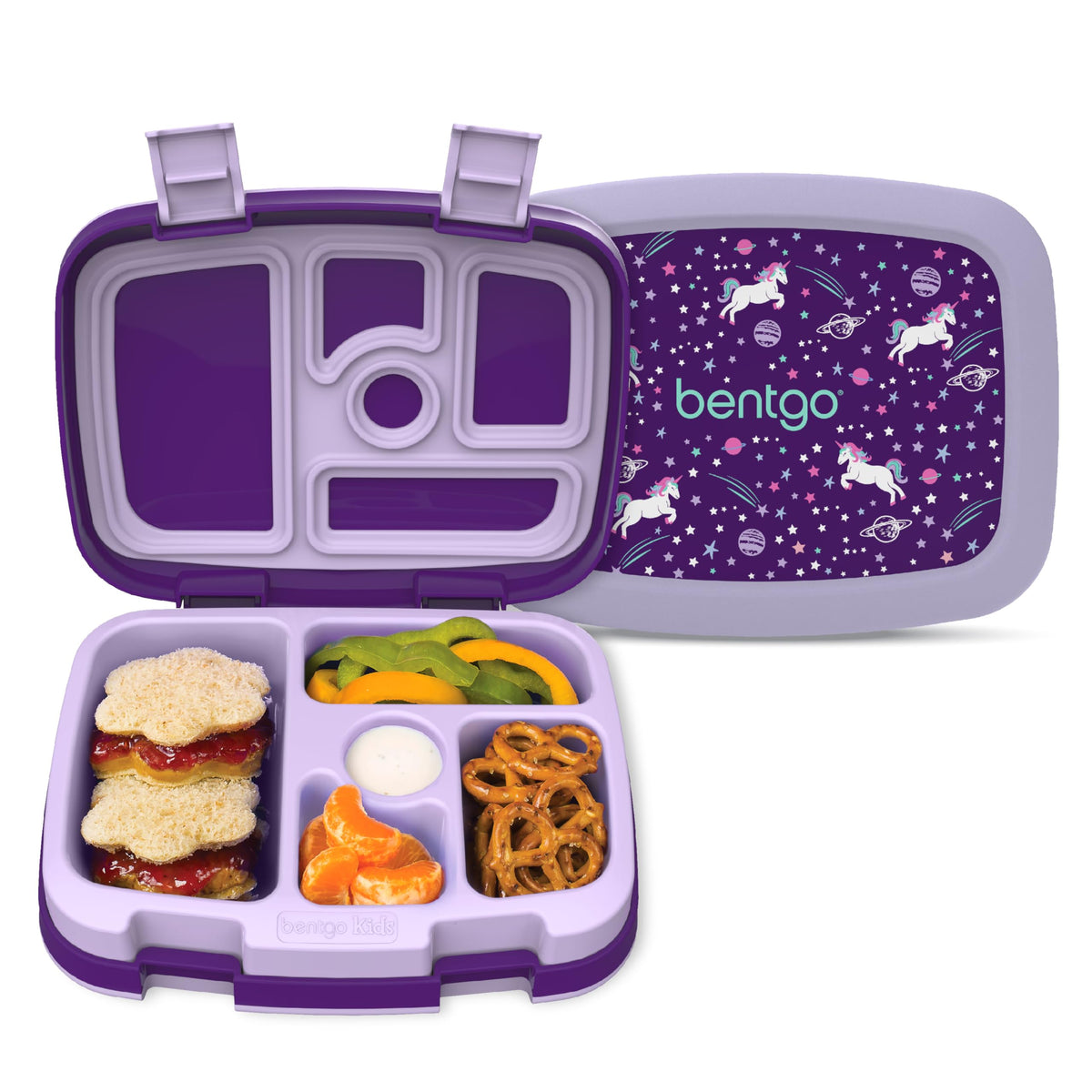 Bentgo Kids unicorn lunchbox with unicorn print, ideal for organized kid-friendly meals.