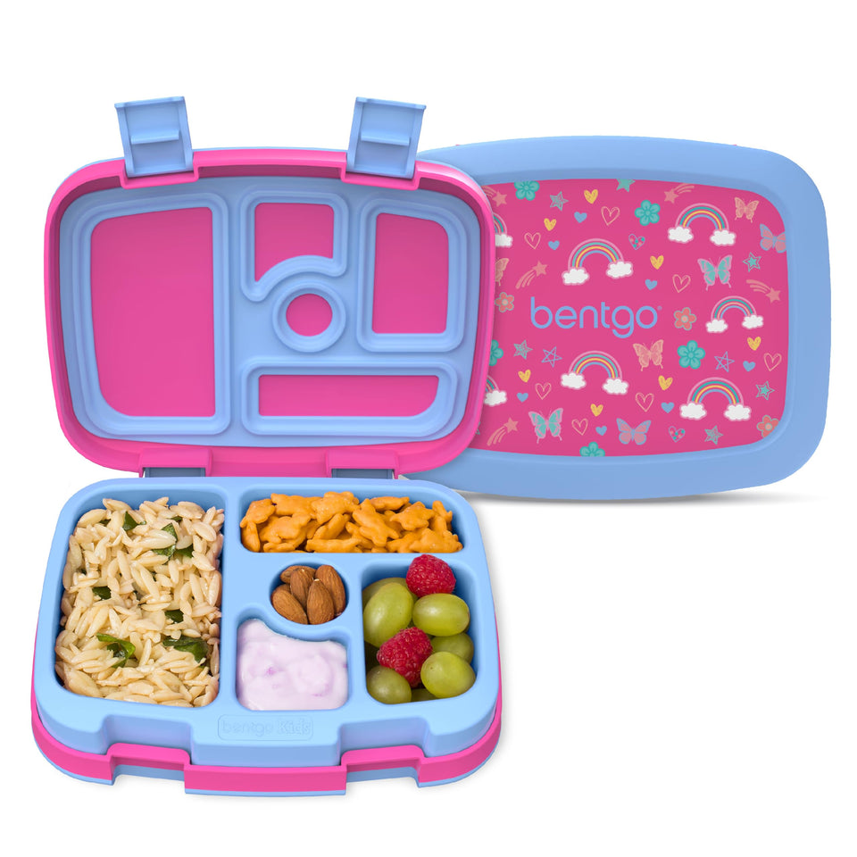 Bentgo Kids lunchbox with rainbows and butterflies design open for easy packing