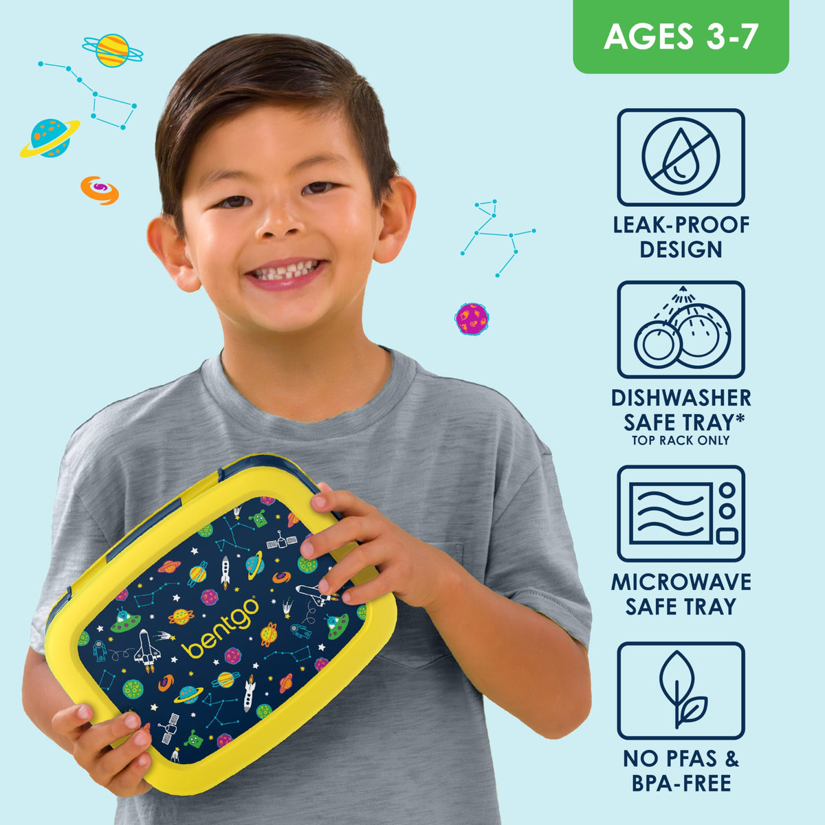 Bentgo Kids Space Prints lunch box beside backpack, ready for everyday school journeys.