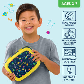 Bentgo Kids Space Prints lunch box beside backpack, ready for everyday school journeys.