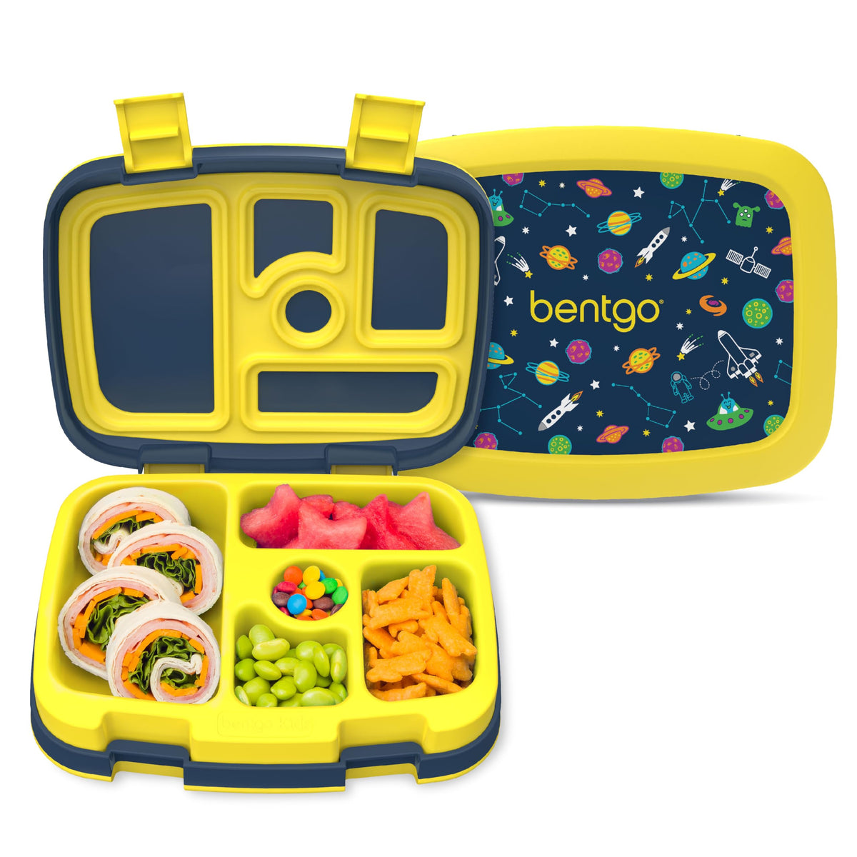 Bentgo Kids Space Prints lunch box lid shows leak-proof seal for mess-free school meals.