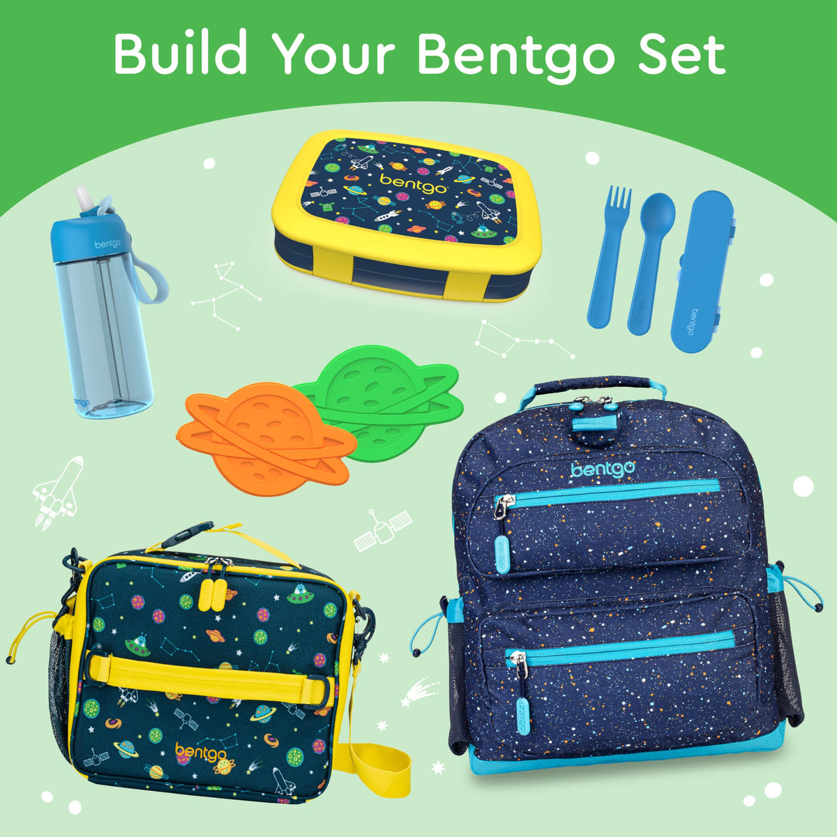 Bentgo Kids Space Prints lunch box removable tray is microwave-safe for reheating.