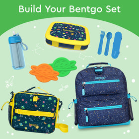 Bentgo Kids Space Prints lunch box removable tray is microwave-safe for reheating.