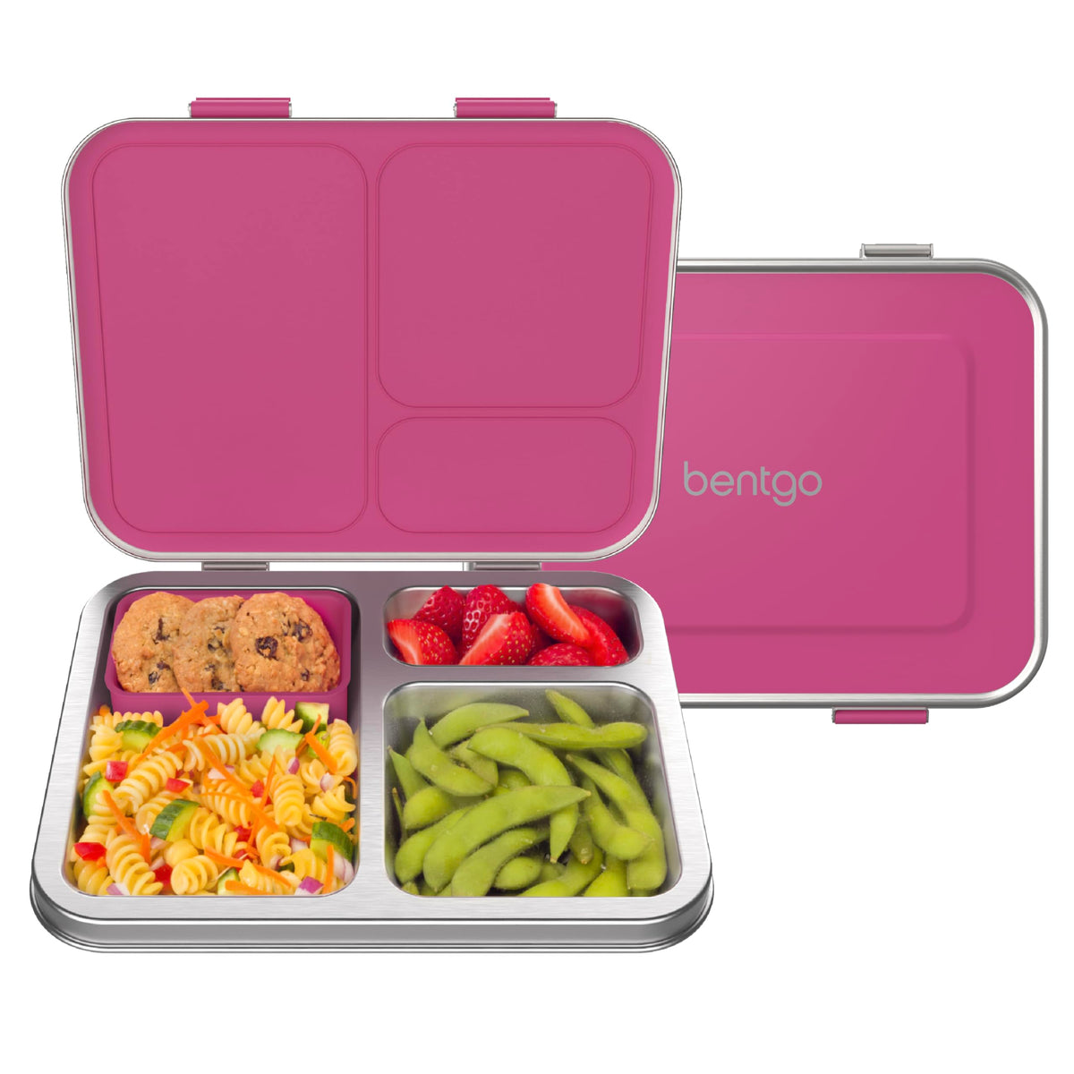 Bentgo Kids stainless steel lunch box with three compartments for organized meals at school.