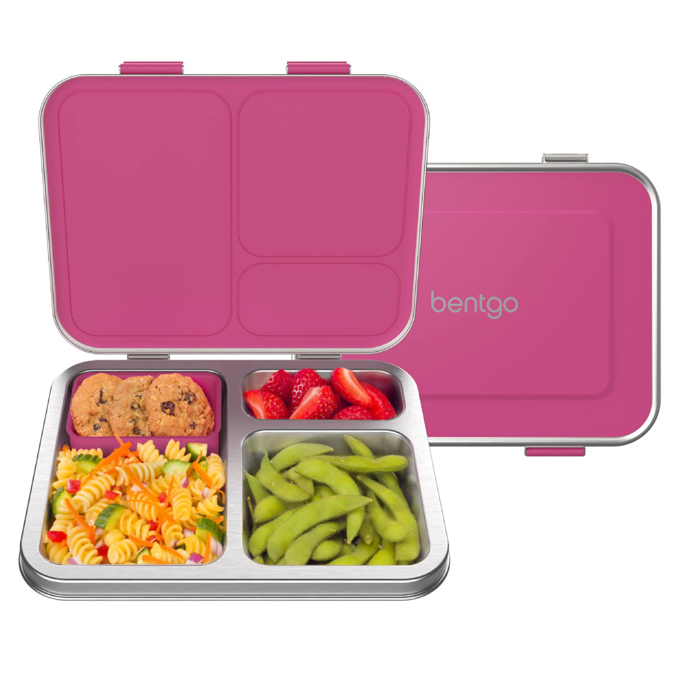 Bentgo Kids stainless steel lunch box with three compartments for organized meals at school.