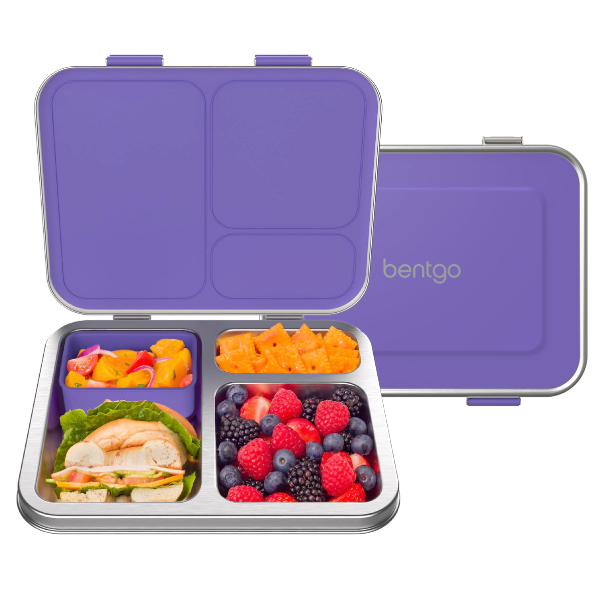 Bentgo Kids stainless steel lunchbox with three compartments keeps meals organized at school.
