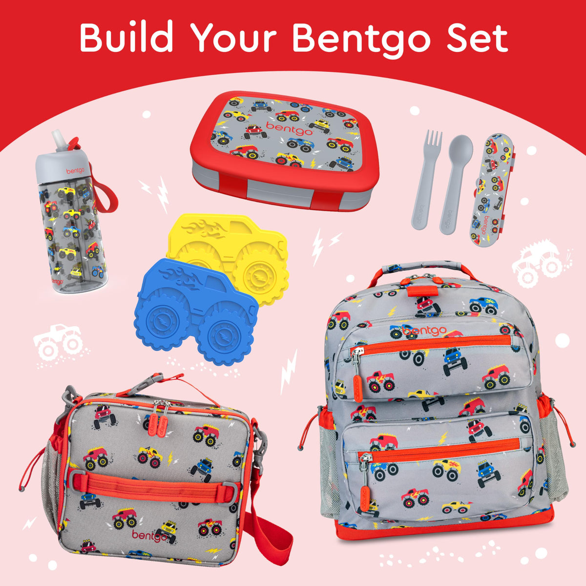 Bentgo Kids Trucks backpack-friendly size fits school bags.