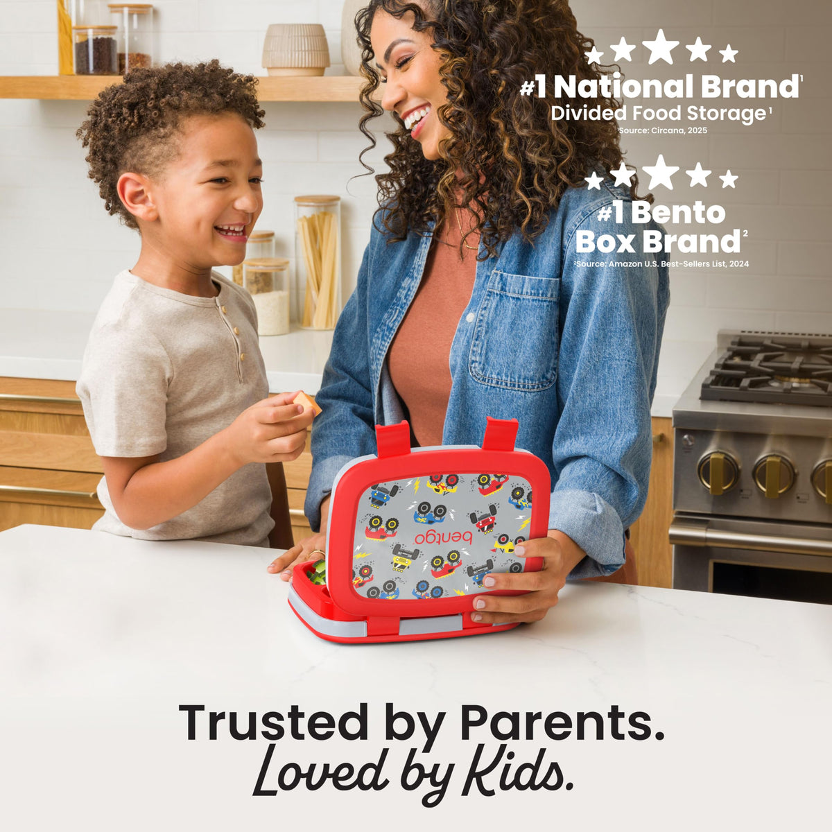 Bentgo Kids Trucks lunchbox shows its five compartments for portion control.