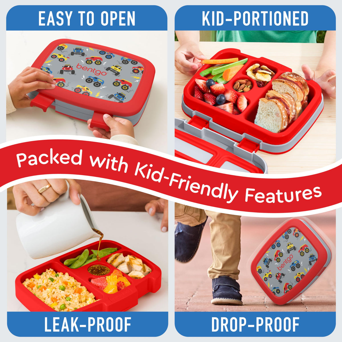 Bentgo Kids Trucks microwave-safe tray for quick reheating.