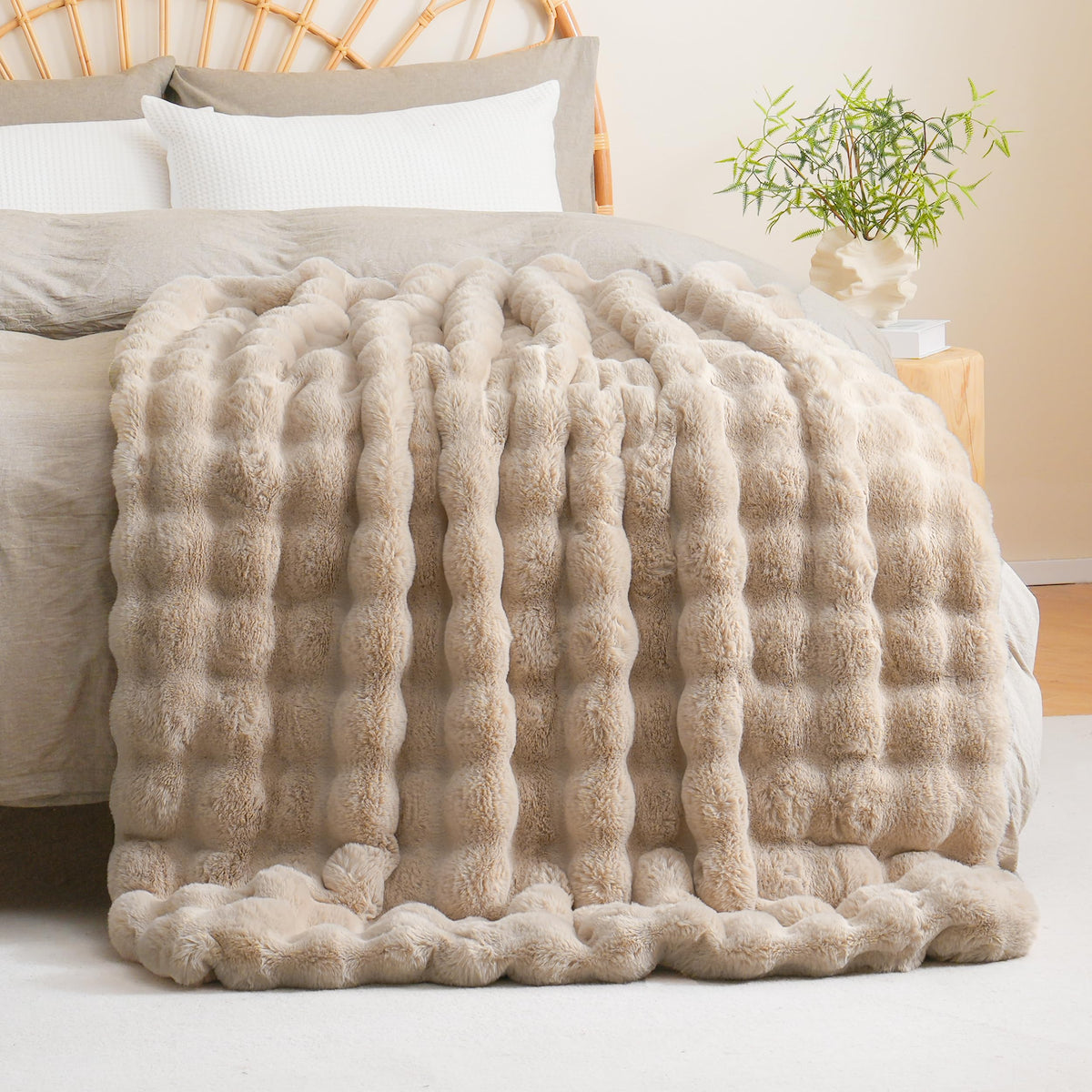 BENVWE 51x63 beige blanket on sofa blends with decor