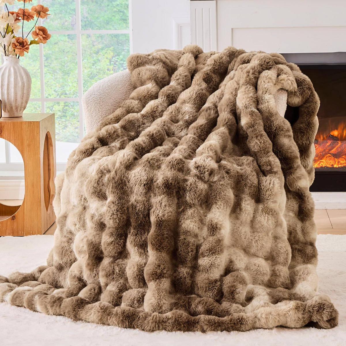 BENVWE fluffy faux fur throw with bubble texture for cozy couch moments.