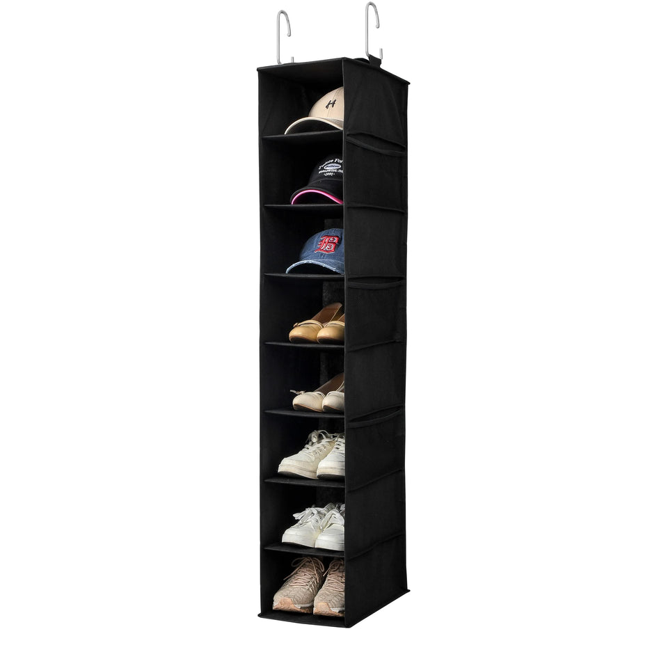 Berdeng hanging shoe organizer with 8 shelves viewed from the front for easy access