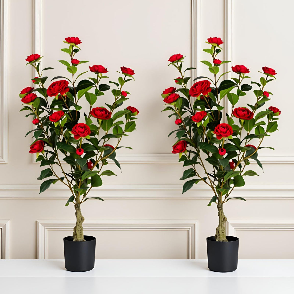 Berdkaba artificial camellia tree in pot adds year-round color to living rooms