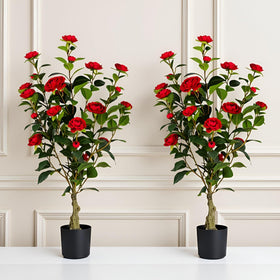 Berdkaba artificial camellia tree in pot adds year-round color to living rooms