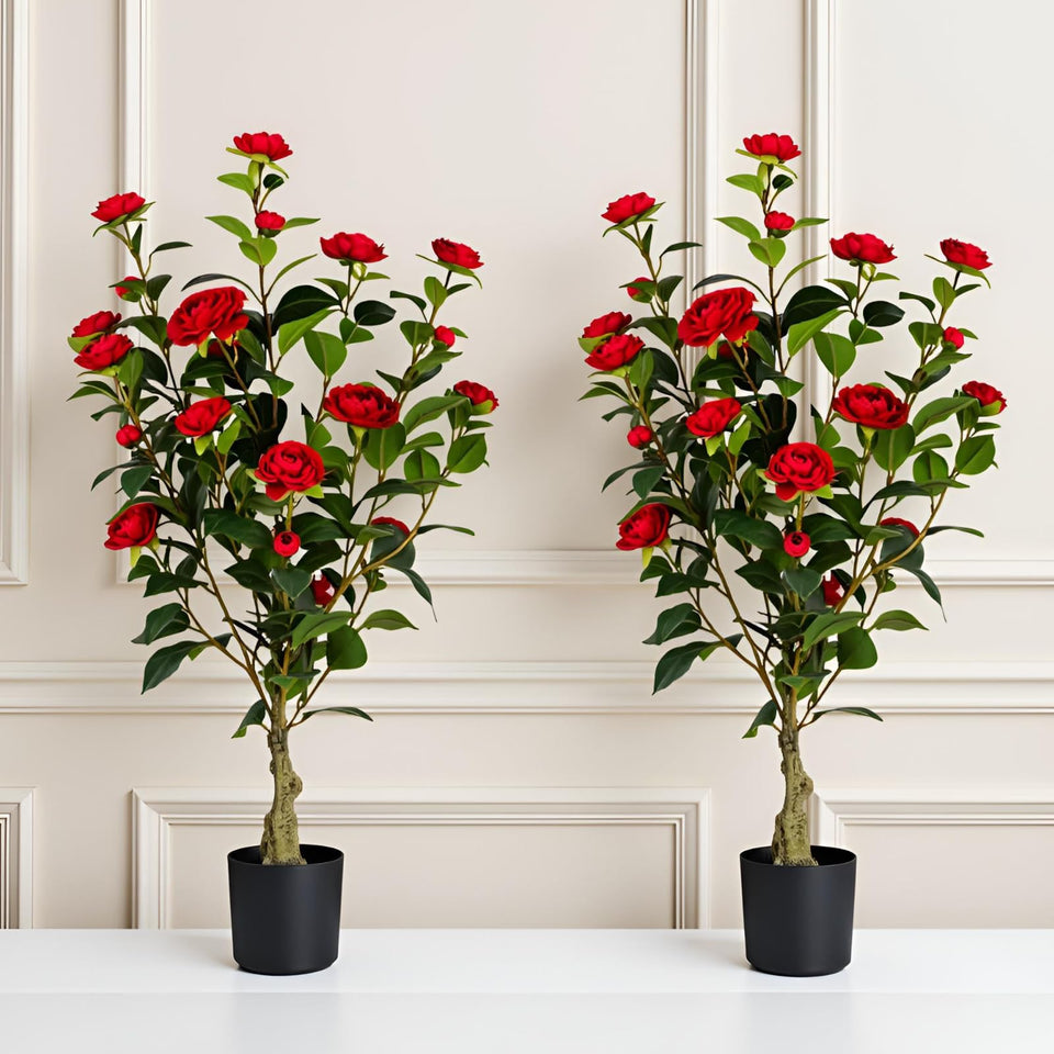 Berdkaba artificial camellia tree in pot adds year-round color to living rooms