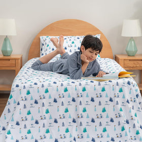 Berkshire Blanket Snoopy Winter Wonderland graphic sheet, playful bedtime scene.