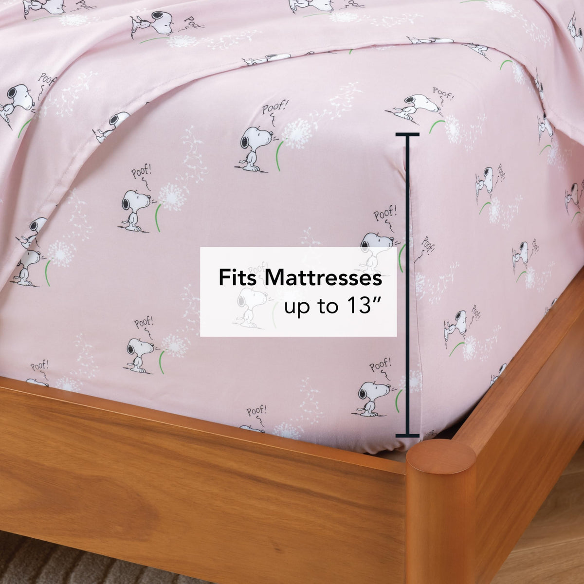 Berkshire Blanket Peanuts Snoopy sheet set—soft microfiber texture in spring pink.