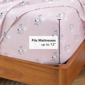 Berkshire Blanket Peanuts Snoopy sheet set—soft microfiber texture in spring pink.