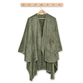 Berkshire Blanket Primalush model wearing cape for cozy home lounging