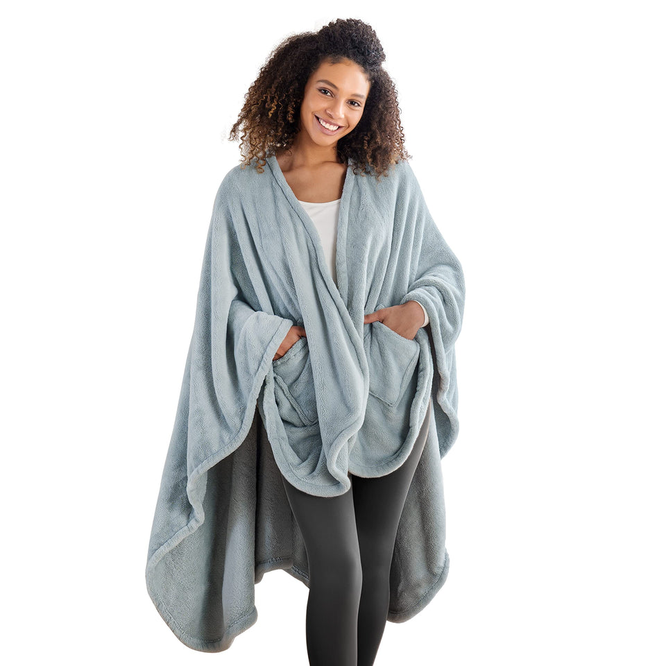 Berkshire Blanket Primalush wearable blanket cape wrap in hazy sky blue offers cozy warmth on the go