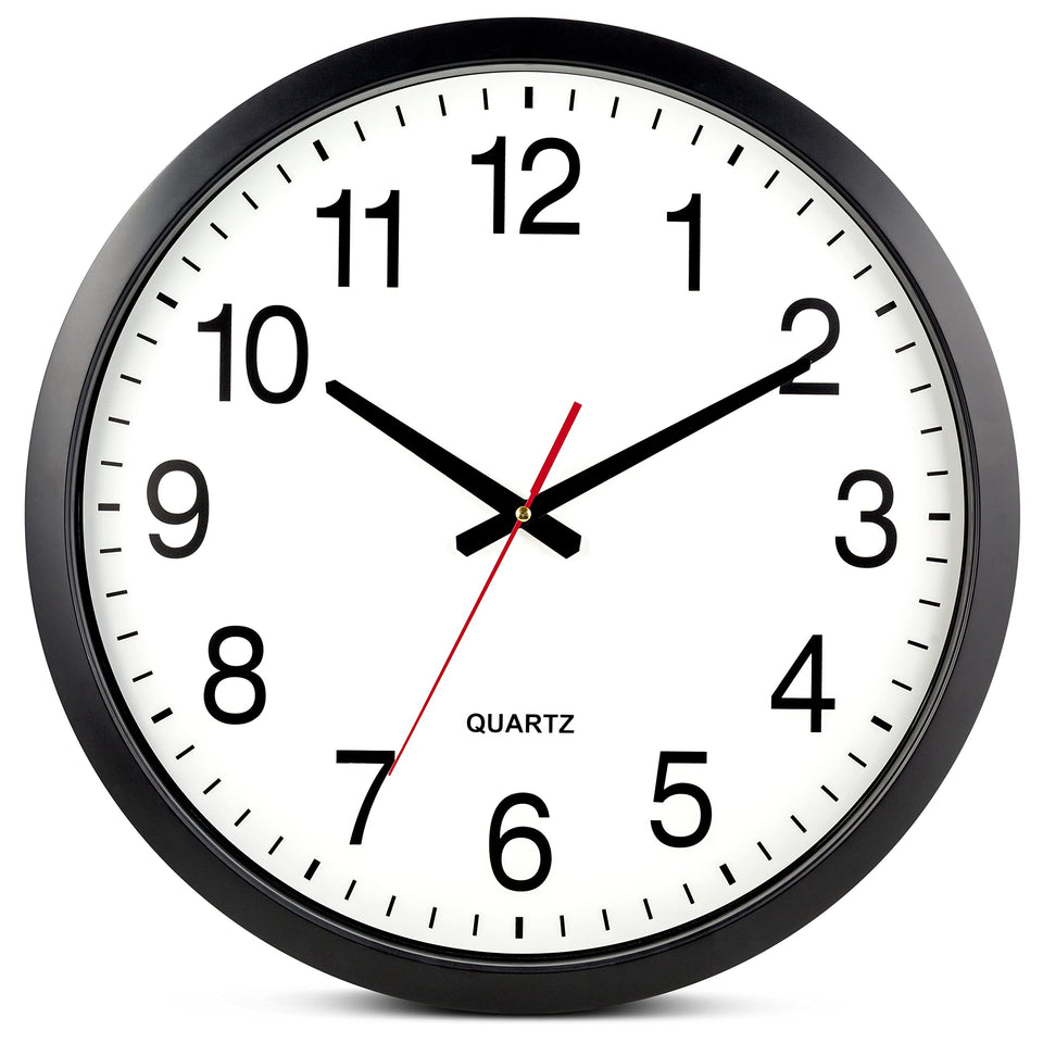 Bernhard Products 18-inch black wall clock front view with large numerals for easy reading