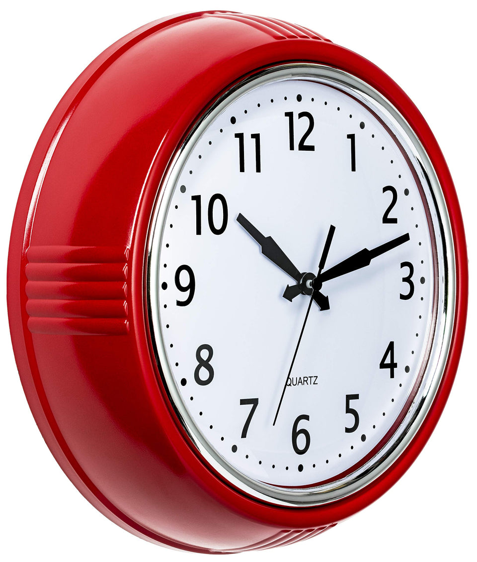 Bernhard Products retro wall clock 9.5 inch red front view for kitchen or dining