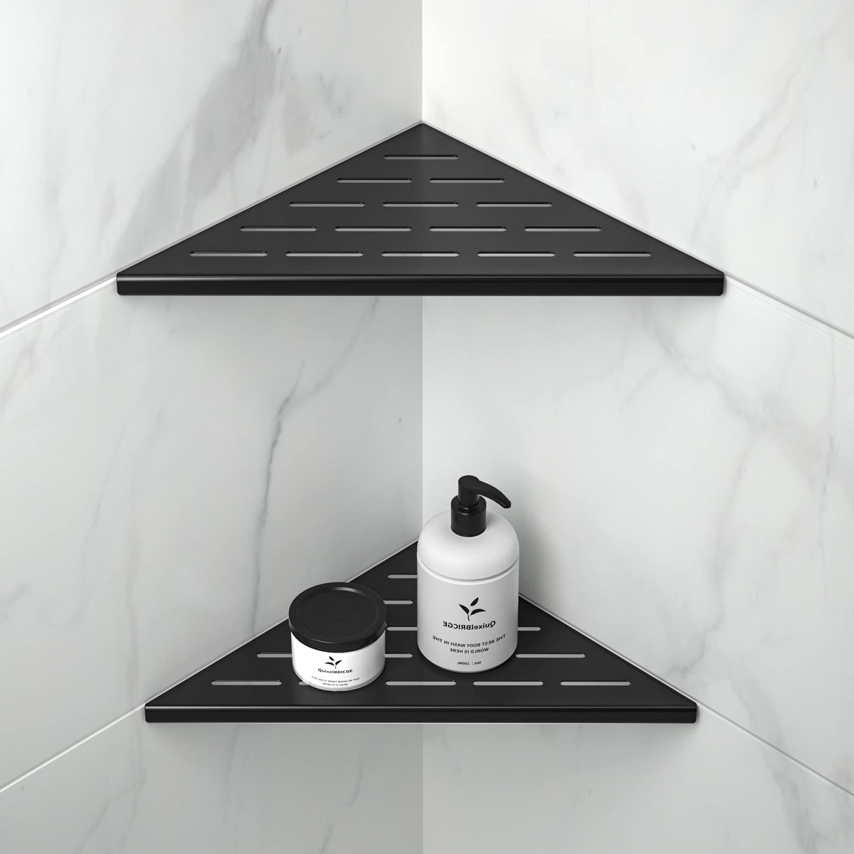 Bernkot corner shelf 10-inch matte black, tight corner fit for tiled showers.
