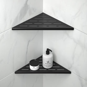 Bernkot corner shelf 10-inch matte black, tight corner fit for tiled showers.