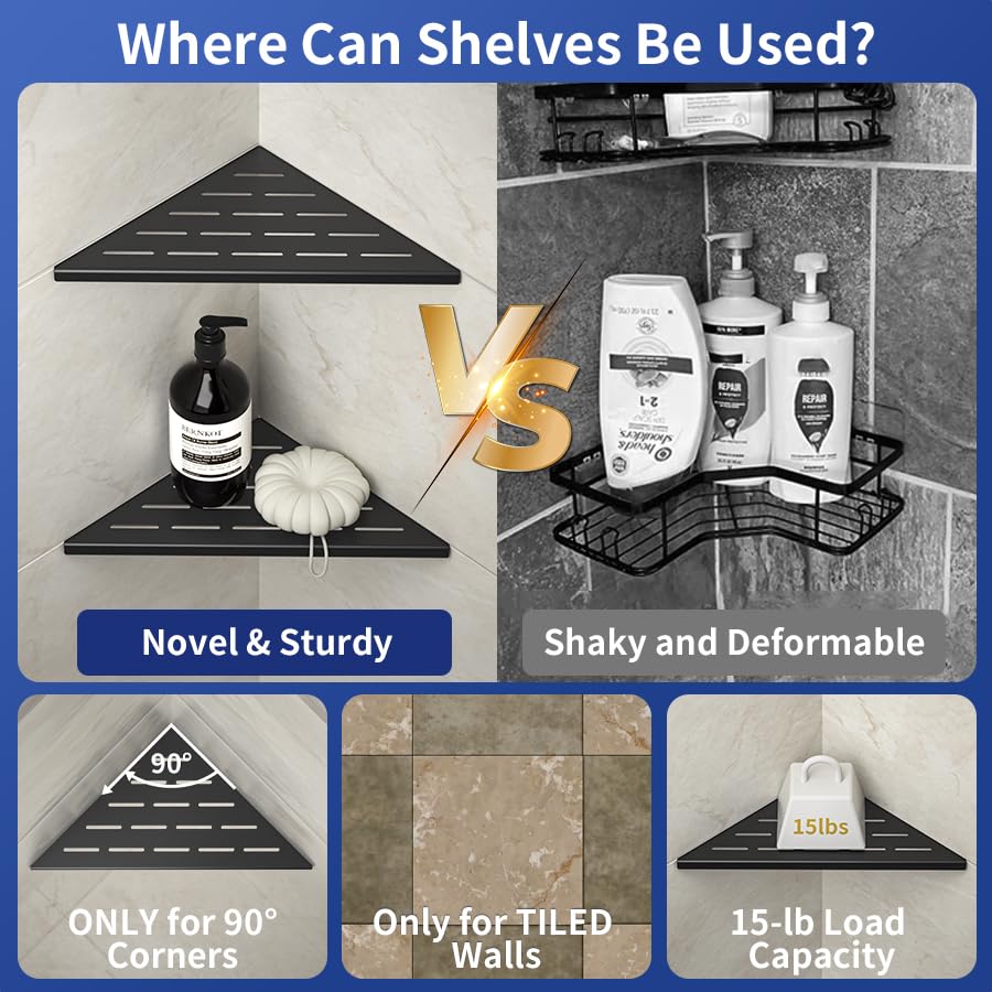 Bernkot shower shelf drainage slots prevent water pooling for quick drying.