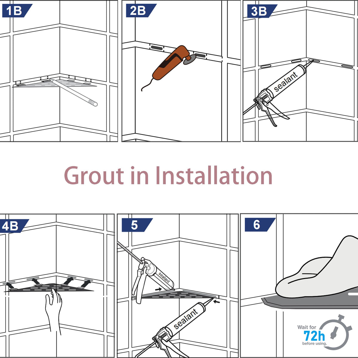 Bernkot corner shelf fits tiled walls with recessed design.