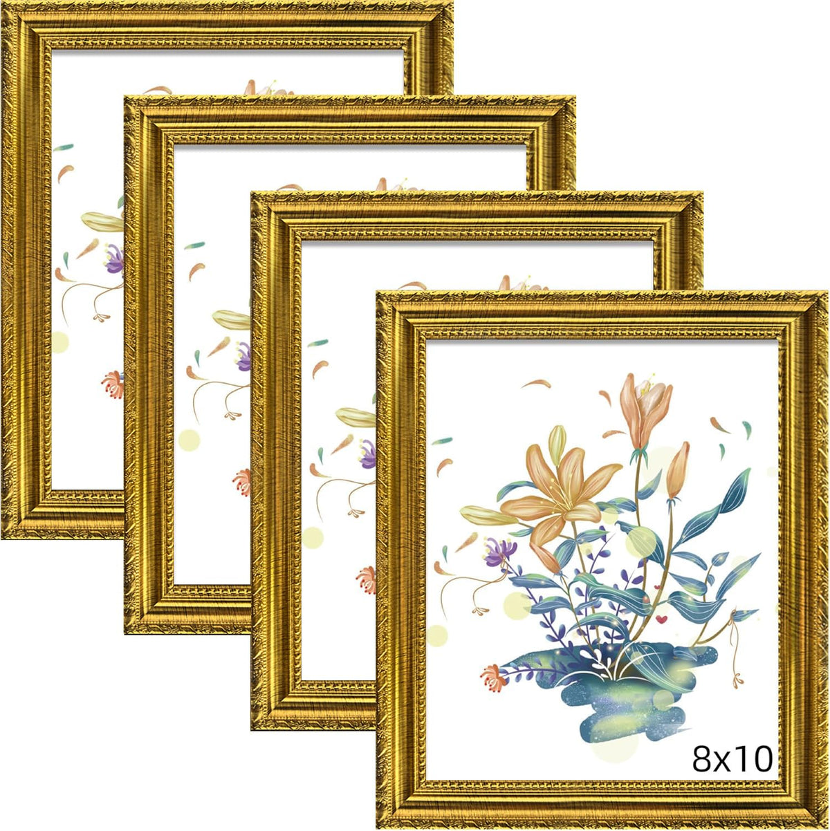 BESCRCL ornate gold 8x10 frame for wall or tabletop display with real glass.