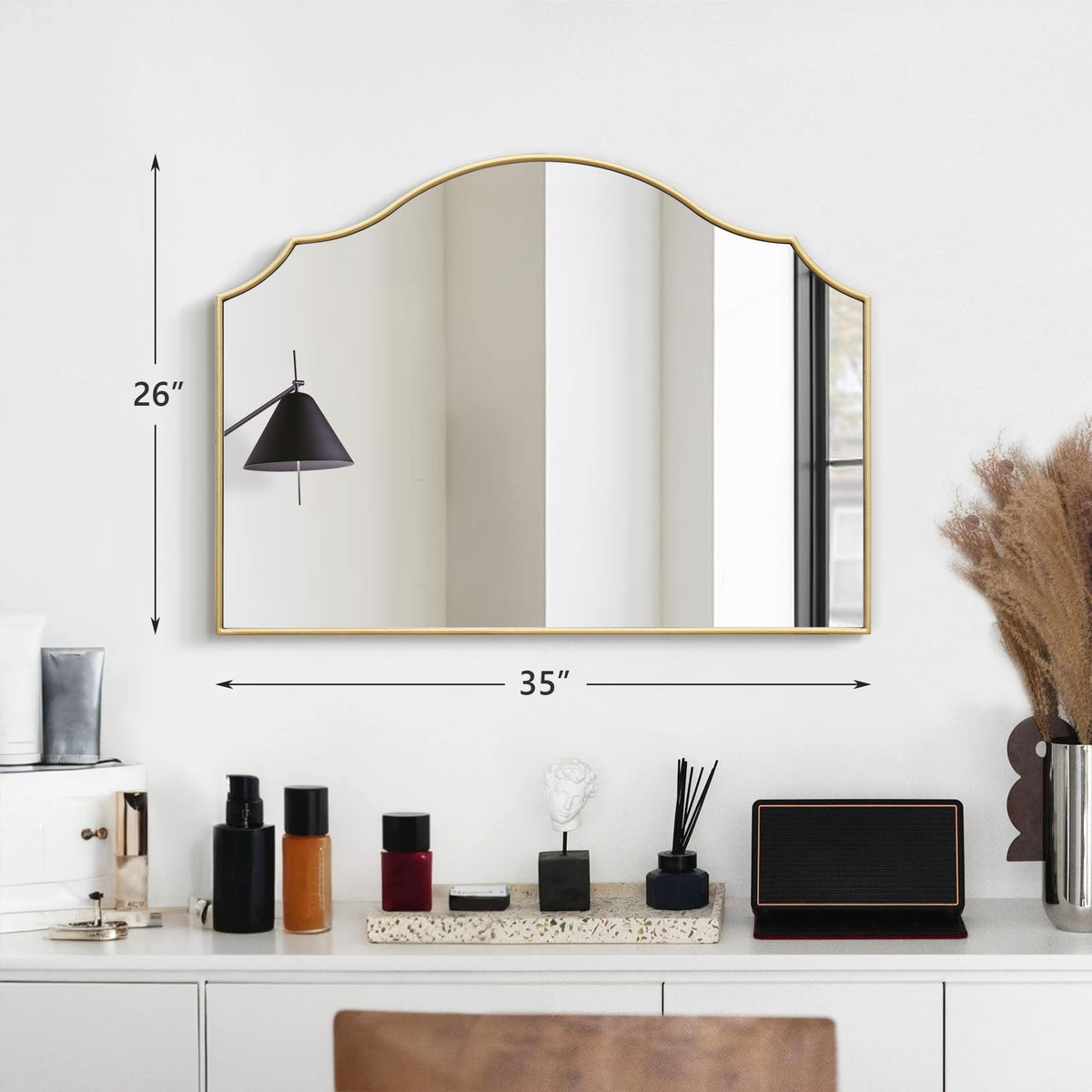 Besdomus Gold Scalloped Mirror in bathroom vanity adds elegance