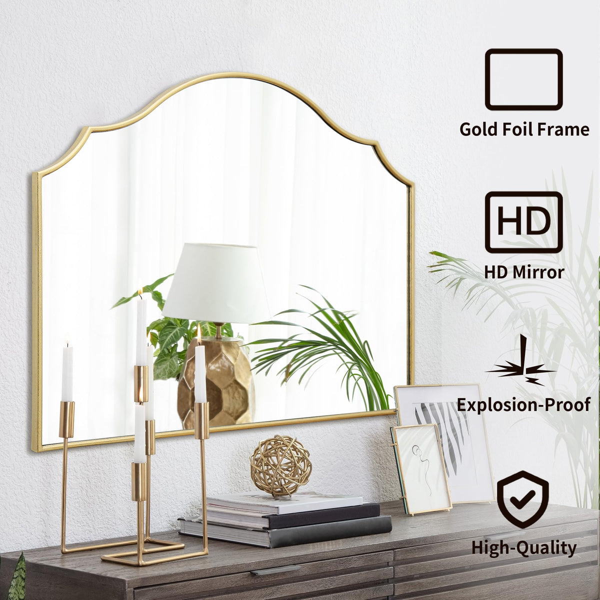 Besdomus Gold Scalloped Mirror above fireplace mantel adds timeless glow