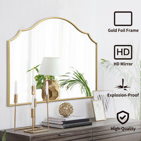 Besdomus Gold Scalloped Mirror above fireplace mantel adds timeless glow