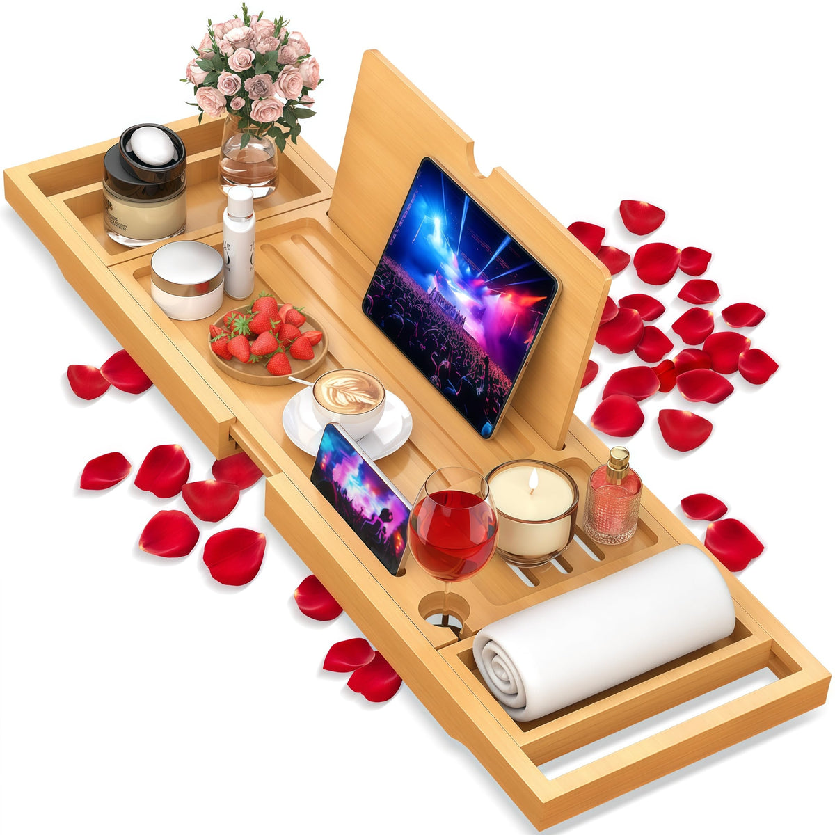 BESHOF premium bamboo bathtub caddy with extendable arms fits most tubs for flexible use