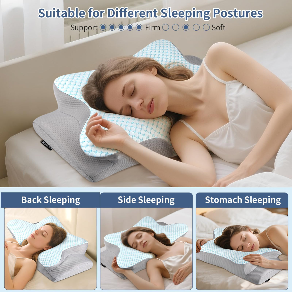 Bespillow armrest area enables free arm positioning for side sleeping.
