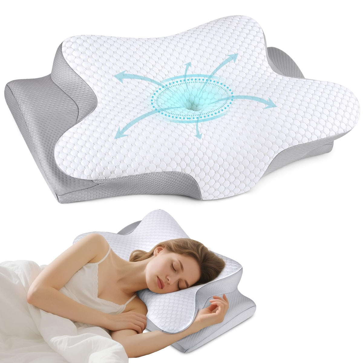 Bespillow butterfly contour pillow illustrating ergonomic neck support for side sleeping