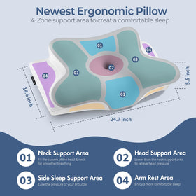 Bespillow cervical neck pillow butterfly-shape distributes pressure for comfortable neck relief.
