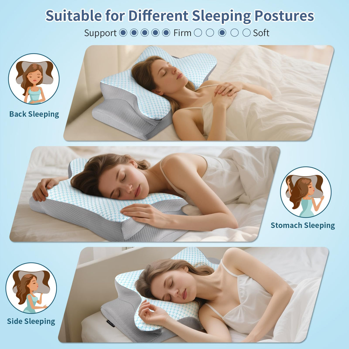 Bespillow contour design provides even pressure distribution for comfort.