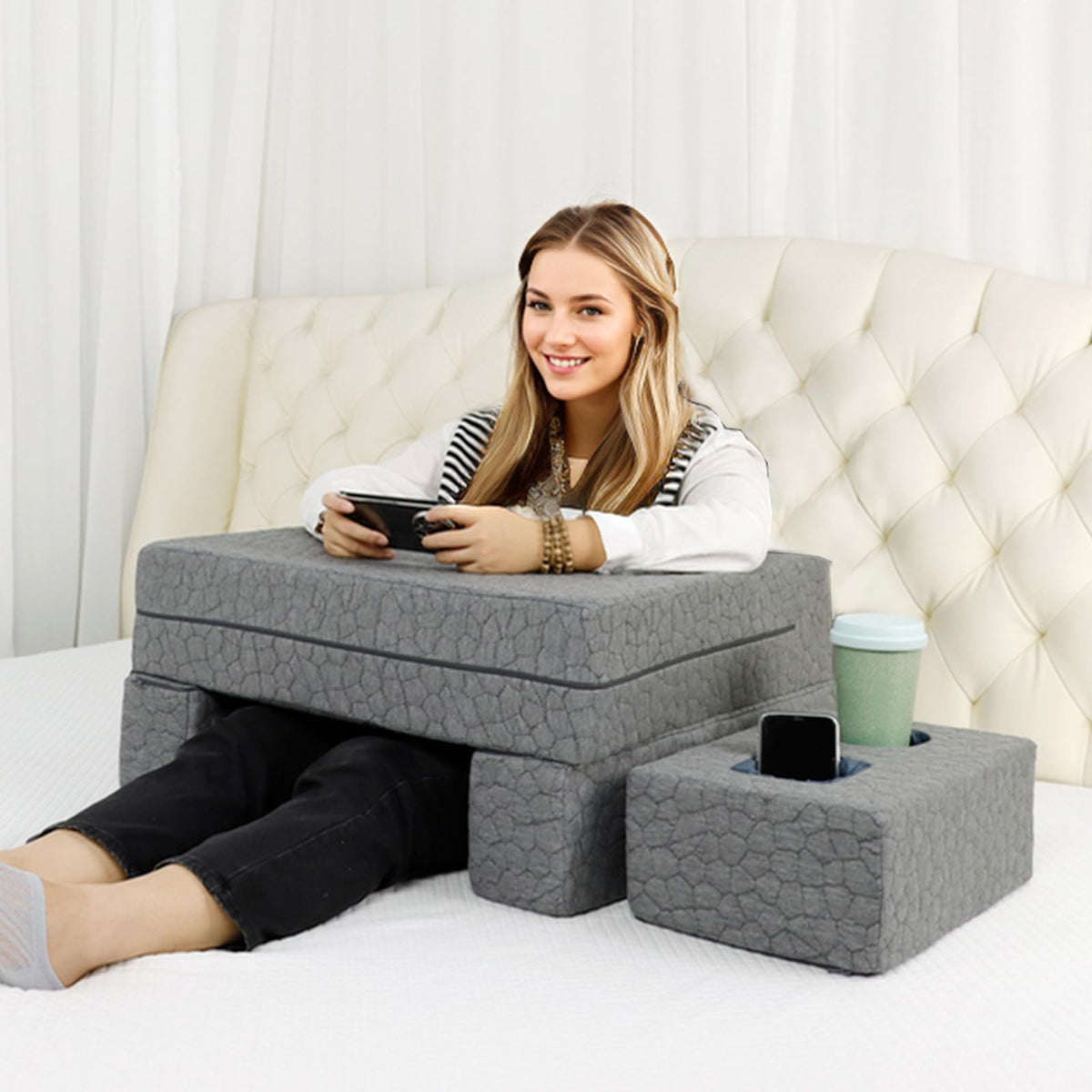 Bespilow memory foam lap desk pillow gives a stable laptop surface on the sofa.