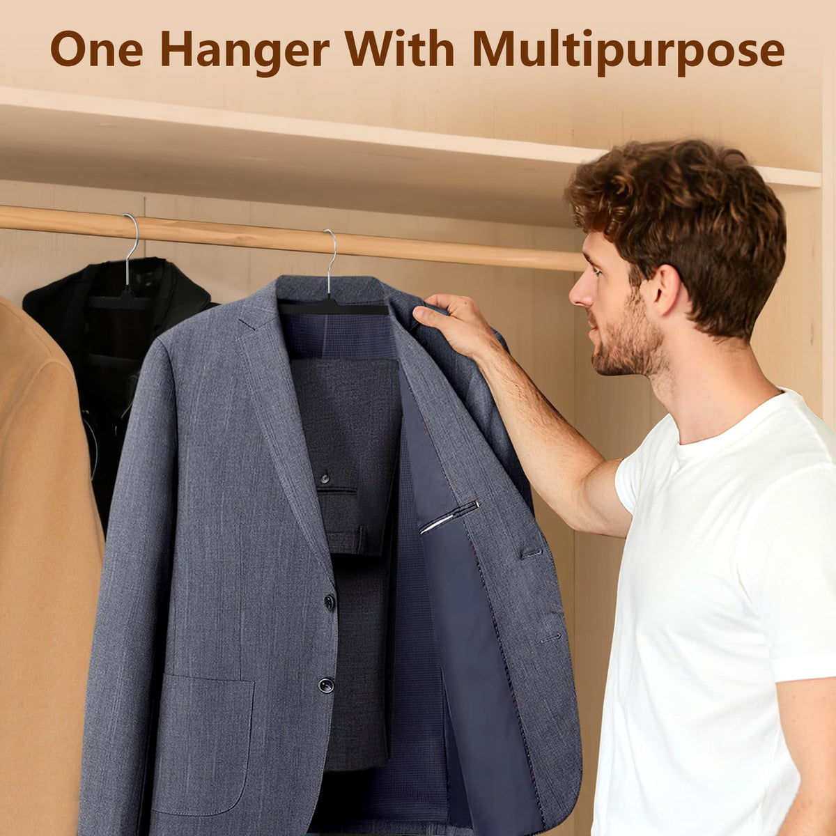 Notched shoulders prevent deformation on garments with Besslly velvet hangers.