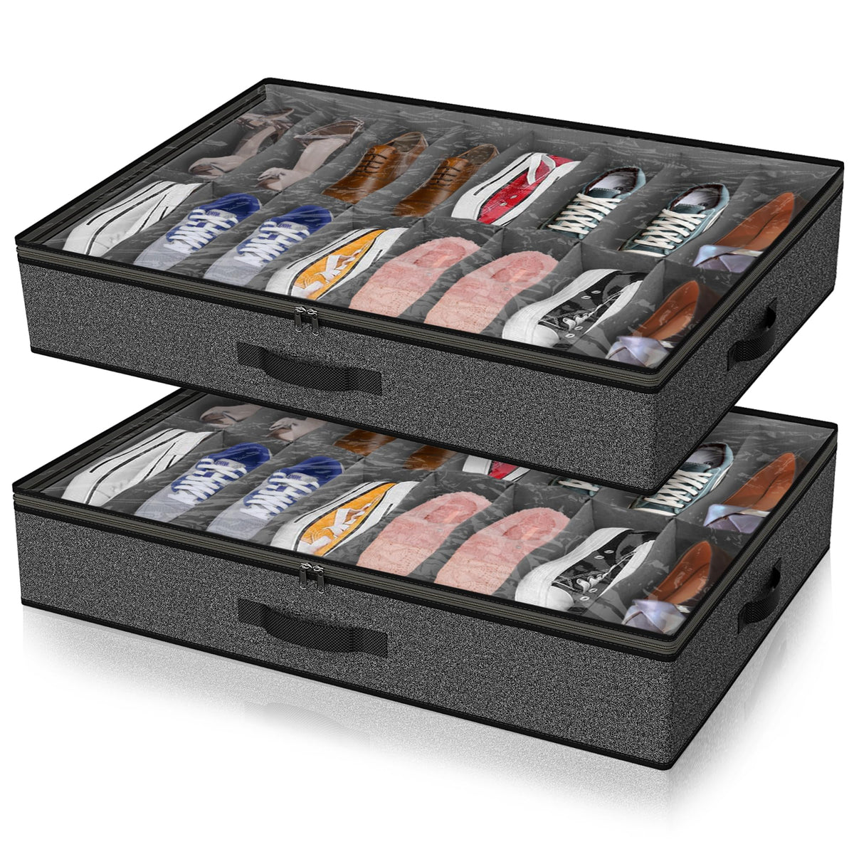 Besslly under-bed shoe storage front view showing 32-pair capacity.
