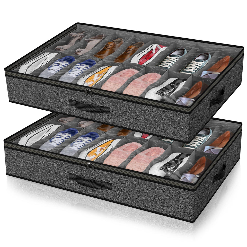 Besslly under-bed shoe storage front view showing 32-pair capacity.