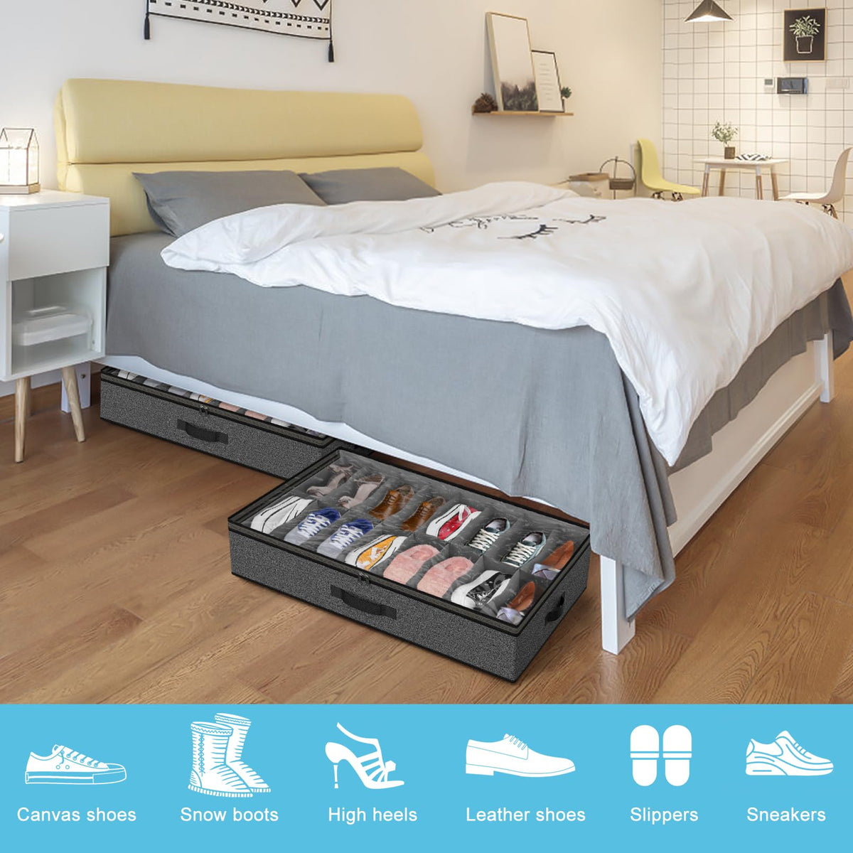 Besslly under-bed shoe storage with clear window for quick finding.