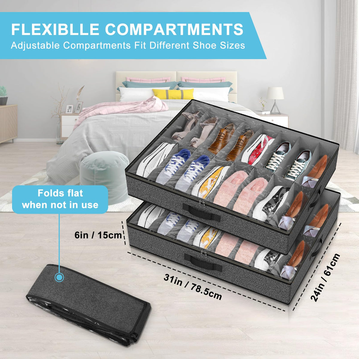 Besslly under-bed shoe storage folded design saves space when not in use.