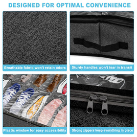 Besslly under-bed shoe storage side handles for easy access.