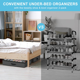 Besslly under-bed shoe storage stacked two boxes maximize closet space.